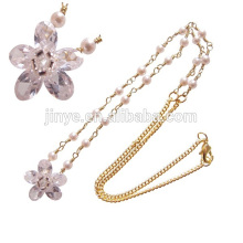 Mode Boho Schmuck handgemachte weiße klare Zirkon Blume Perle Neckalce